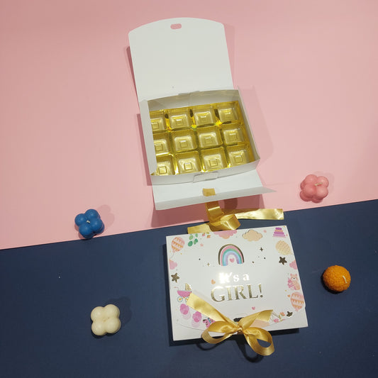Its a Girl Baby Announcement 12 Cavity Chocolate Ribbon Box | 7.5x5.75x1.5 Inch