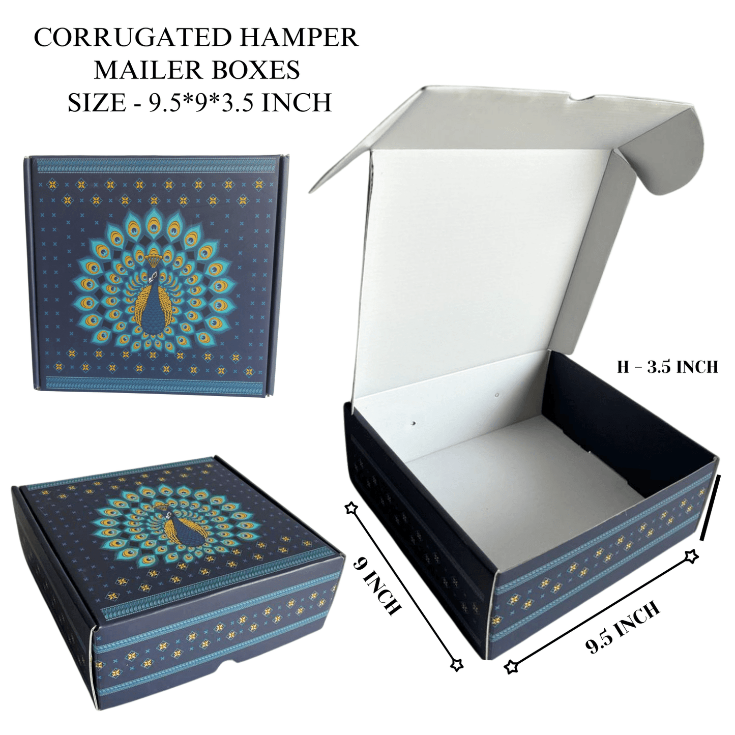 9.5X9X3.5 Inch Corrugated Hamper Mailer Box | Peacock Design | Pack of 10