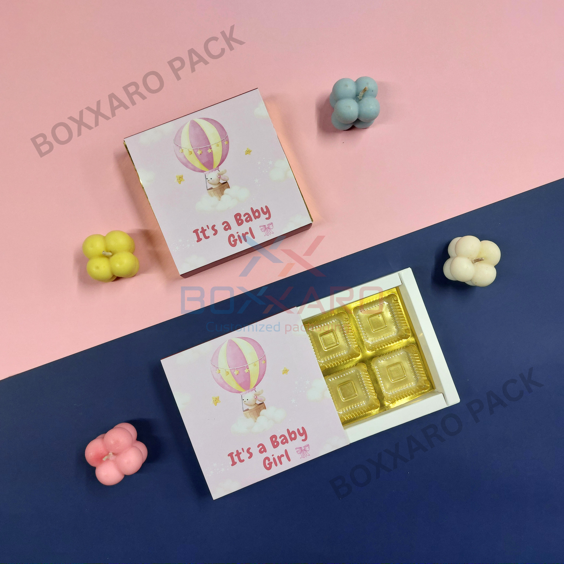 Pink baby girl gift boxes with slider design showing 4-cavity compartments for chocolates and sweets pink baby girl gift boxes